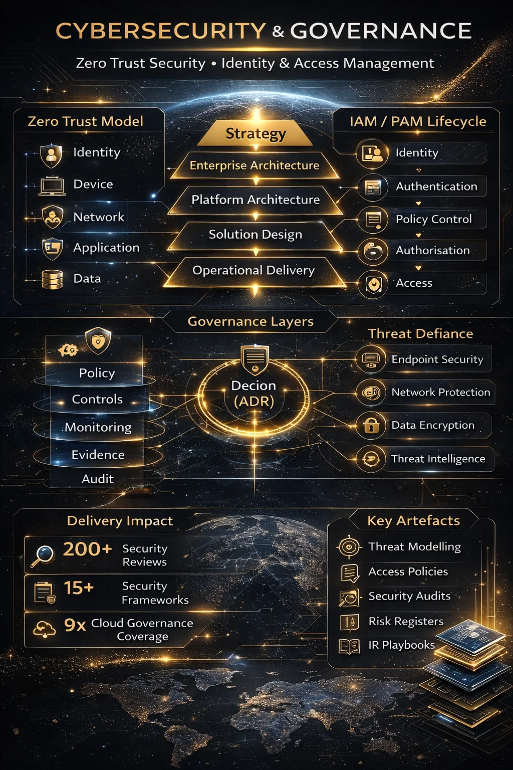 A4 strategic infographic summarizing zero trust, IAM/PAM governance, control evidence, threat defence, measurable scale and key artifacts.