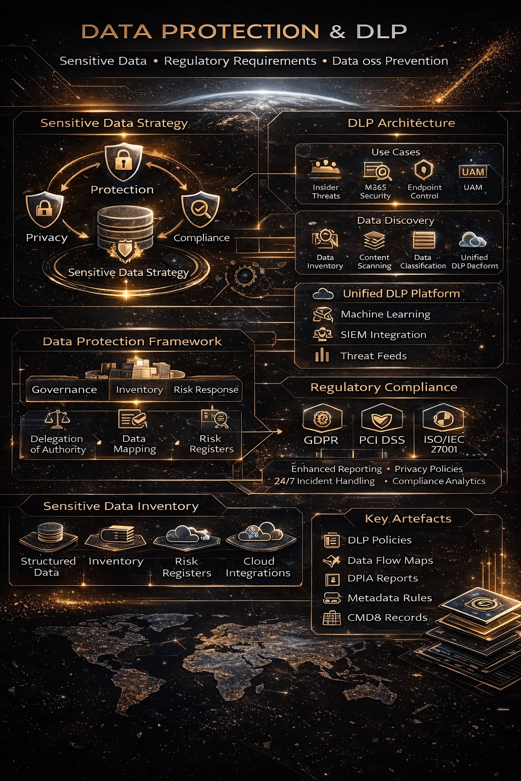A4 strategic infographic summarizing privacy-by-design, DLP architecture, retention governance, compliance, measurable scale and key information-protection artifacts.